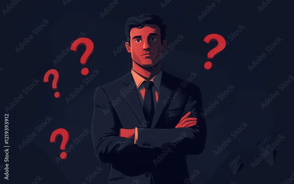 A flat design vector illustration of a businessman in a dark gray suit, standing with arms crossed and looking ahead with a determined expression A flat design vector illustration of a businessman in a dark gray suit, standing with arms crossed and looking ahead with a determined expression