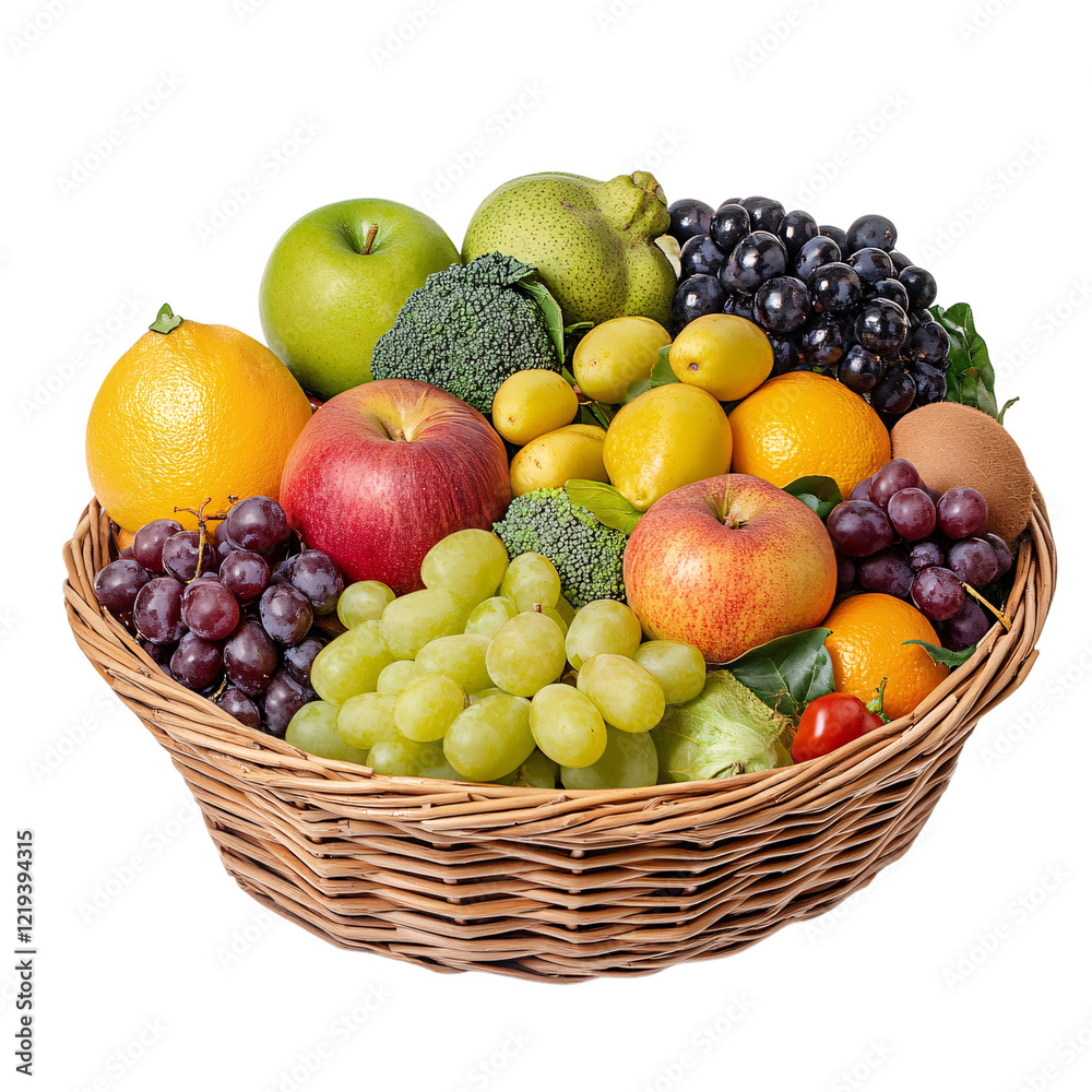 A large basket filled with various fruits, including apples and grapes isolated on a transparent background A large basket filled with various fruits, including apples and grapes isolated on a transparent background