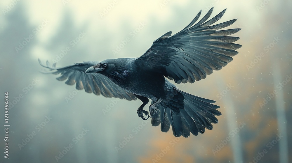 Obraz premium A raven mid flight over a foggy mountain valley