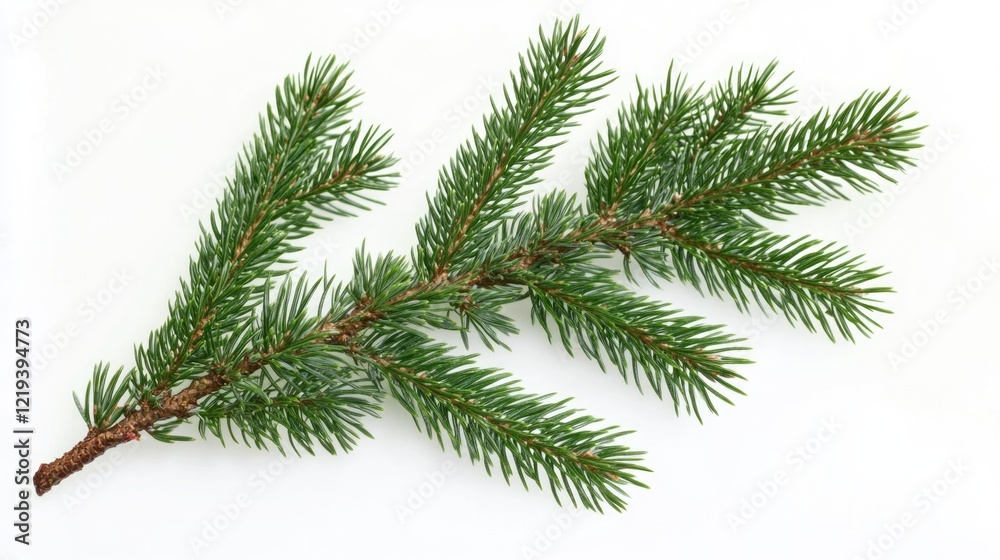 A close-up shot of a single pine tree branch against a white background, ready for use in various design projects A close-up shot of a single pine tree branch against a white background, ready for use in various design projects