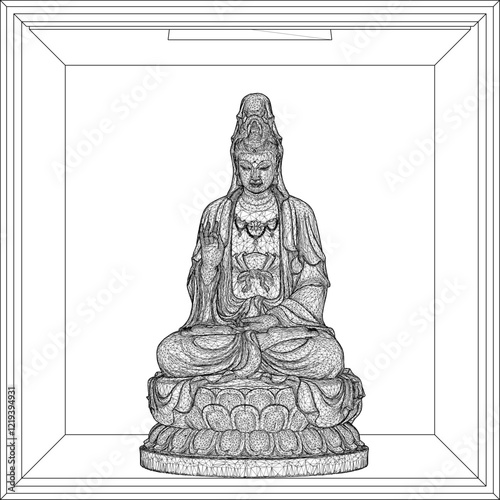 Vector sketch illustration of traditional wisdom goddess statue decoration design giving blessing on lotus leaf 