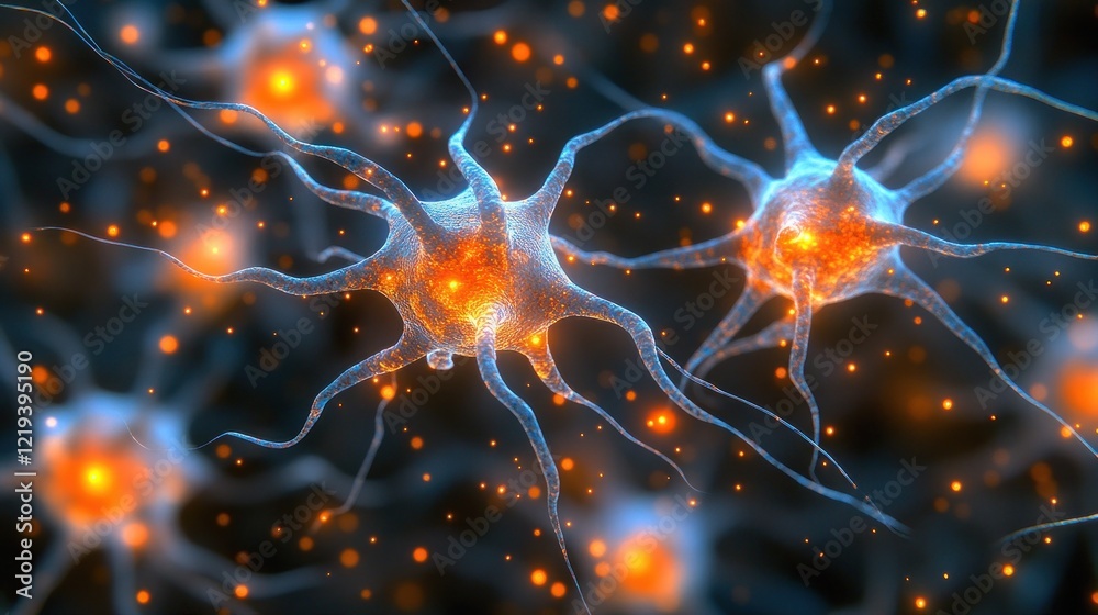 Abstract 3D illustration of two neurons firing. Abstract 3D illustration of two neurons firing.
