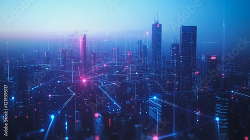 Wallpaper Mural Smart digital Innovation city with connection network reciprocity over the twilight cityscape. of future smart wireless digital city and social media networking systems that connects people with city Torontodigital.ca