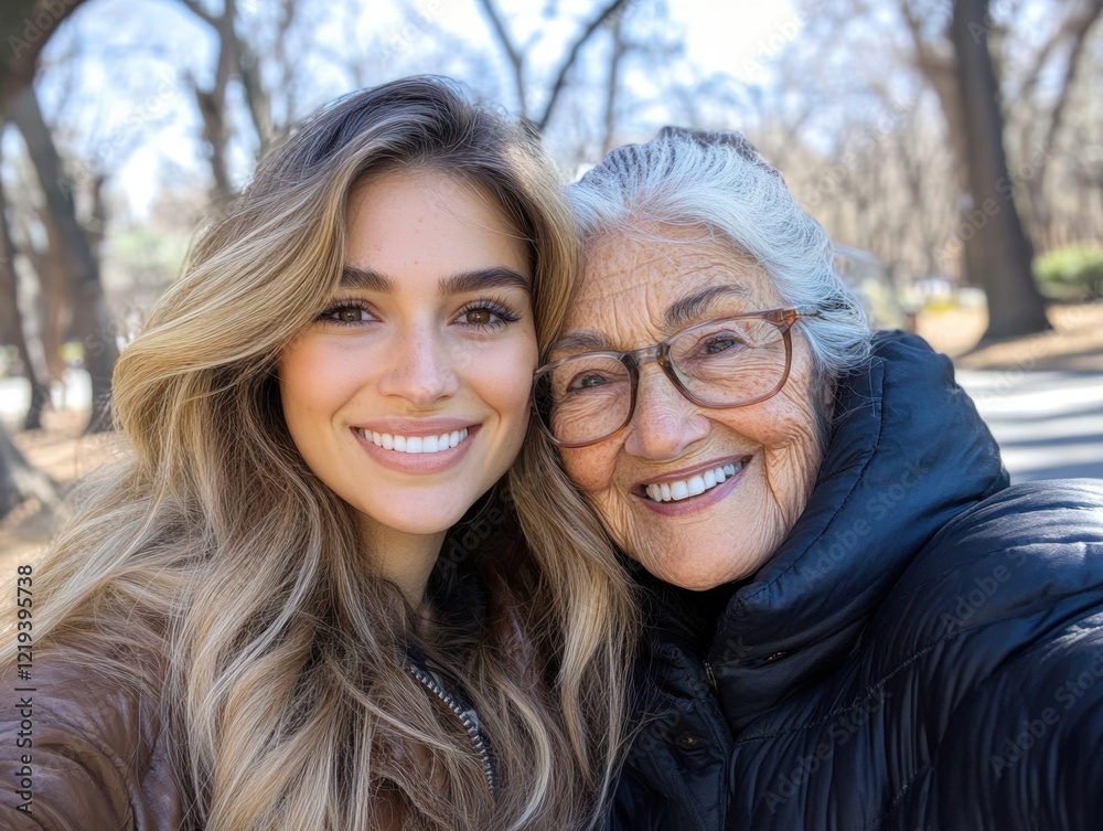 Obraz premium Portrait of a middle-aged granddaughter and her elderly grandmother posing together in a city park, symbolizing family bonds, generations, and shared moments outdoors.