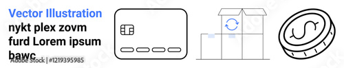 Credit card icon, package with arrows, and cryptocurrency coin with repeating arrows highlight modern payment methods and logistics. Ideal for fintech, e-commerce, digital wallets, online shipping