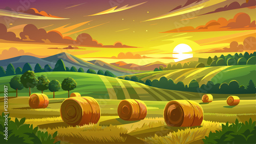 Golden Hay Bales at Sunset, Wide Shot, Lush Green Field, Hay Bales, Sunset, Field , Nature