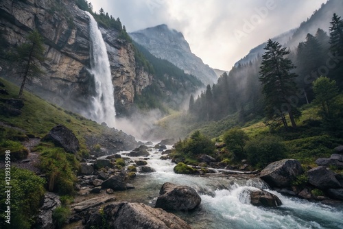 Serene Misty Mountain Waterfall: Minimalist Landscape Photography
