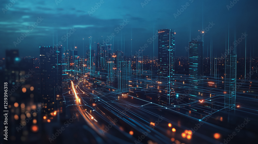 Fototapeta premium Smart digital Innovation city with connection network reciprocity over the twilight cityscape. of future smart wireless digital city and social media networking systems that connects people with city