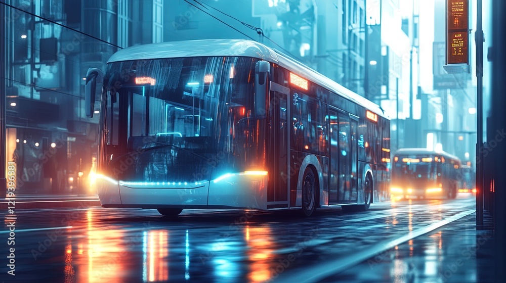 Fototapeta premium Electric bus on a quiet city street, green technology design, minimalist and modern 