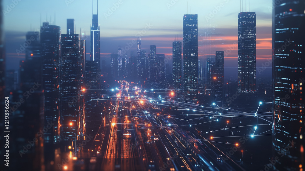 Fototapeta premium Smart digital Innovation city with connection network reciprocity over the twilight cityscape. of future smart wireless digital city and social media networking systems that connects people with city