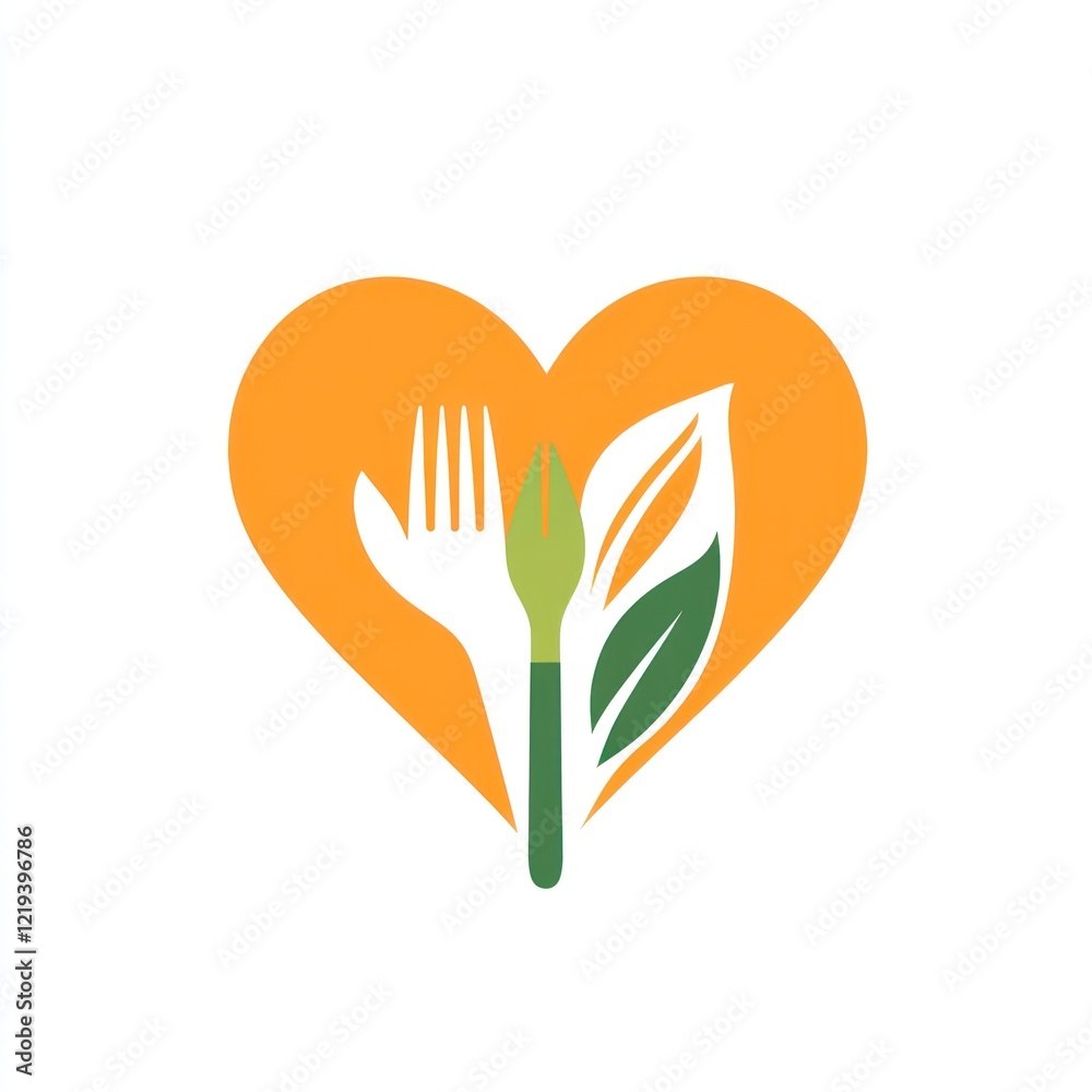 Hand holds fork and leaf inside of orange heart on white for food or health Hand holds fork and leaf inside of orange heart on white for food or health