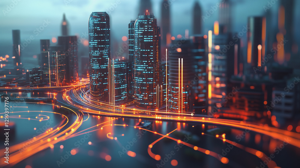 Fototapeta premium Smart digital Innovation city with connection network reciprocity over the twilight cityscape. of future smart wireless digital city and social media networking systems that connects people with city