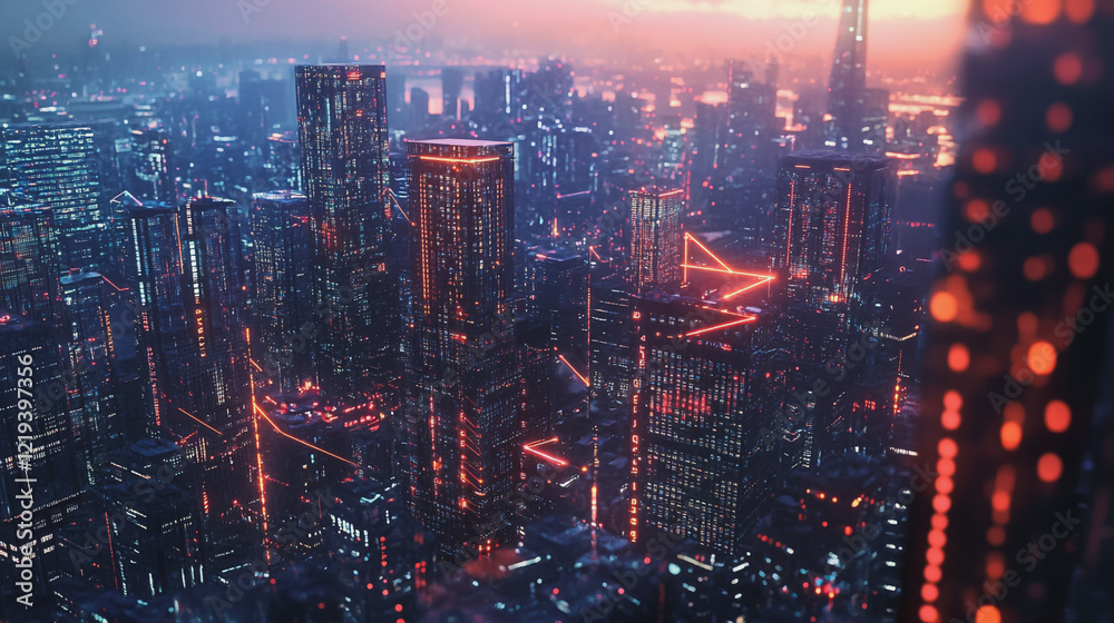 Fototapeta premium Smart digital Innovation city with connection network reciprocity over the twilight cityscape. of future smart wireless digital city and social media networking systems that connects people with city
