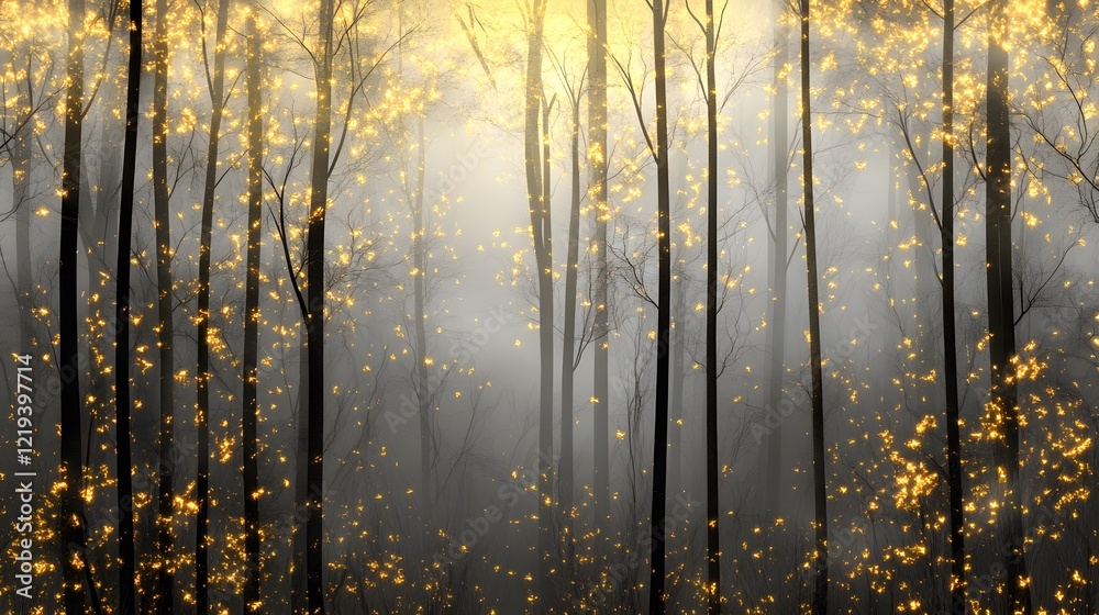 Fototapeta premium Golden forest mist Golden forest landscape, misty gray backdrop, black trees with golden light highlights.