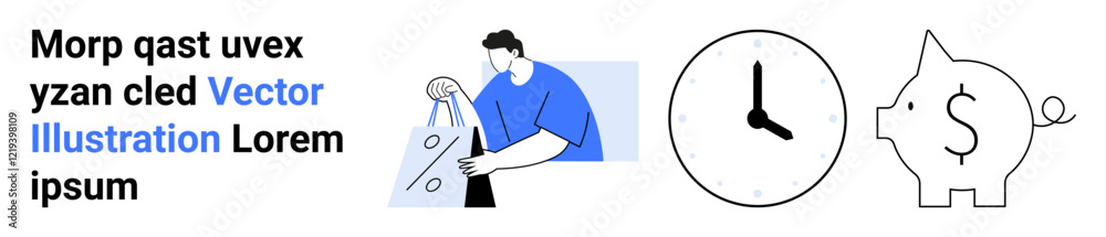 Man analyzing charts, clock showing time, piggy bank with dollar symbol. Ideal for time management, financial savings, productivity, business planning, budgeting, efficiency illustration samples Man analyzing charts, clock showing time, piggy bank with dollar symbol. Ideal for time management, financial savings, productivity, business planning, budgeting, efficiency illustration samples