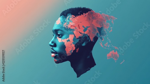 An african identification, face in world map in every destinations. A contemporary style with pastel palette soft blue tinted background. Vector flat design illustration. Horizaontal layout. photo