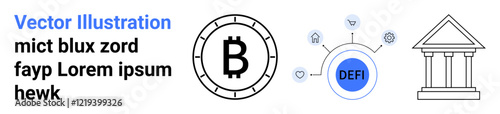 Bitcoin symbol inside a circle, decentralized finance DeFi connect logo, classical bank building. Ideal for blockchain, cryptocurrency, decentralized finance, fintech, digital currency, online