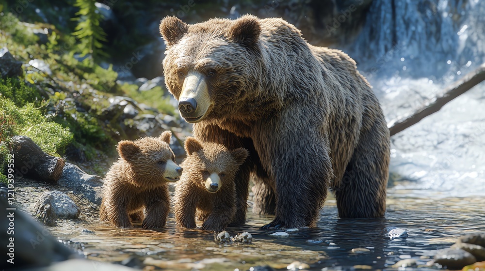 A heartwarming scene of a mother bear and her two cubs in a serene natural setting, capturing the beauty and innocence of wildlife along a flowing stream. A heartwarming scene of a mother bear and her two cubs in a serene natural setting, capturing the beauty and innocence of wildlife along a flowing stream.