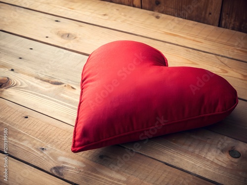 Romantic Red Heart-Shaped Pillow on Wooden Plank Background