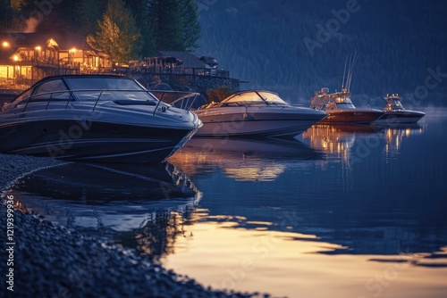 A group of boats resting on the surface of calm water
