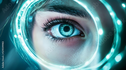 Close up of a woman's eye, framed by swirling, glowing neon circles, creates a futuristic concept of vision and technological enhancement photo