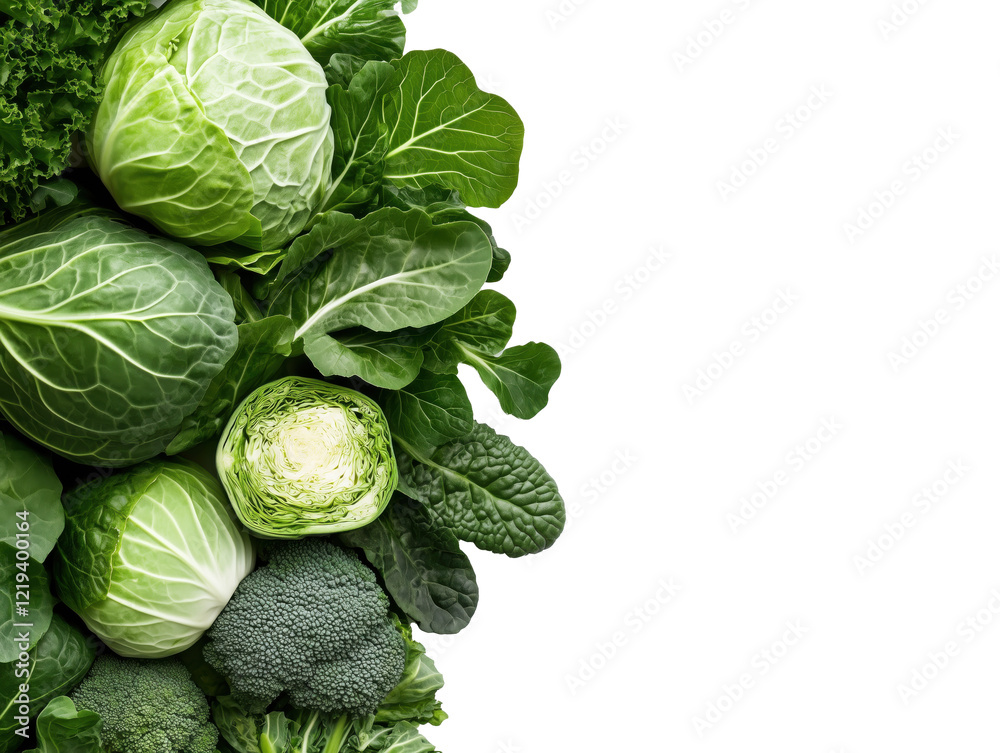 Fototapeta premium Fresh Green Vegetables Assortment: Cabbage, Broccoli, Kale, and Leafy Greens on White Background