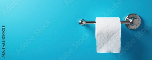Blue bathroom wall features chrome metal holder and white toilet tissue roll, chrome, holder