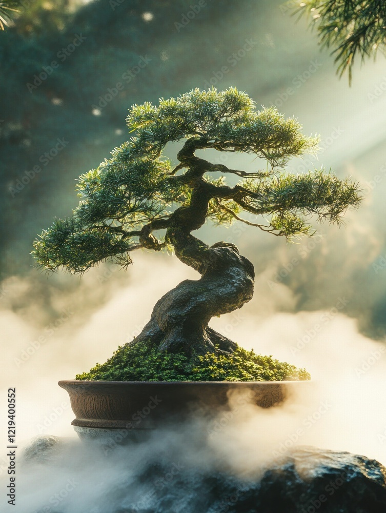 Serene bonsai tree with swirling mist and warm light enhancing its mystical atmosphere Serene bonsai tree with swirling mist and warm light enhancing its mystical atmosphere