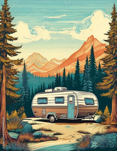 Beautifully etched illustration of a classic RV camper trailer by the forest at sunset. Generative AI