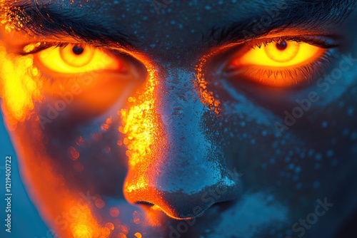 A close-up shot of a person's face with eerie glowing eyes, suitable for use in dark or supernatural themed projects photo