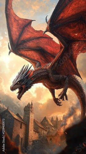 A fierce red dragon soars above a medieval village, surrounded by a dramatic sky, emphasizing its power and the fantasy theme.