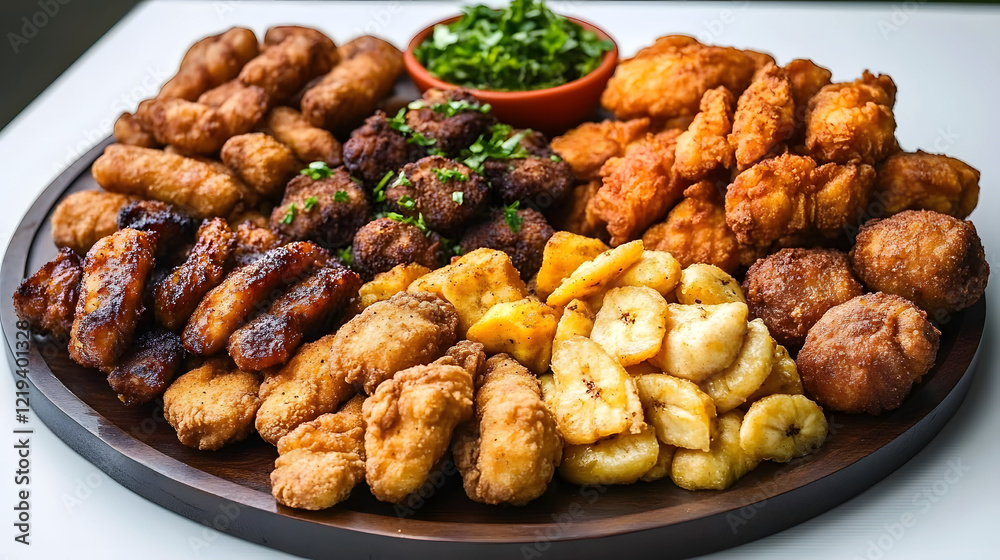 Delicious assorted fried snacks platter with plantains and crispy chicken variety for parties Delicious assorted fried snacks platter with plantains and crispy chicken variety for parties