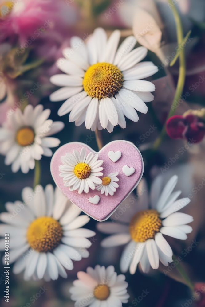 Fototapeta premium A beautiful pink heart surrounded by flowers and daisies, perfect for Valentine's Day or spring-themed designs