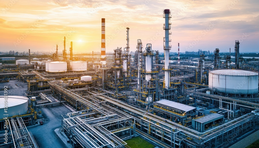 Industrial Complex at Sunset Featuring Numerous Tanks, Pipes, and Tall Structures Industrial Complex at Sunset Featuring Numerous Tanks, Pipes, and Tall Structures