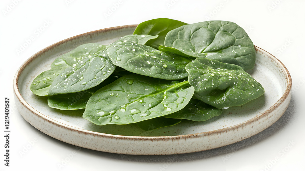 A detailed shot of fresh spinach leaves with water droplets, arranged on a ceramic plate with a light background A detailed shot of fresh spinach leaves with water droplets, arranged on a ceramic plate with a light background