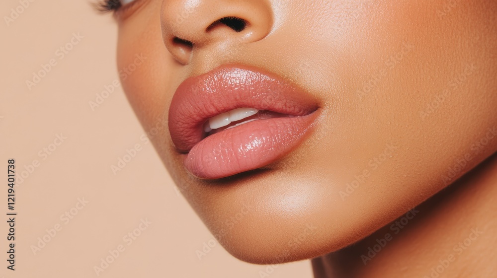 Obraz premium Close up of beautiful full lips of a young woman highlighting lip augmentation, cosmetology, dentistry, and makeup artistry, showcasing perfect teeth and plump, glossy lips