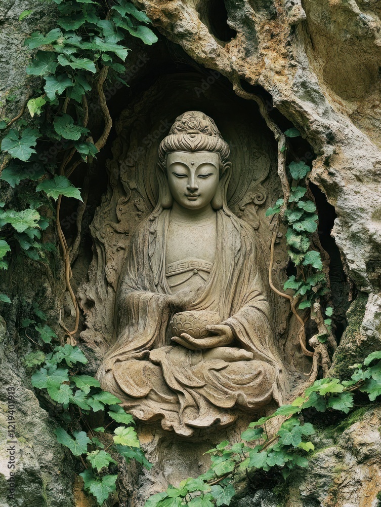 Ancient Buddha Stone Carving Serene Meditative Pose with Ivy Accents in Natural Cave Ancient Buddha Stone Carving Serene Meditative Pose with Ivy Accents in Natural Cave