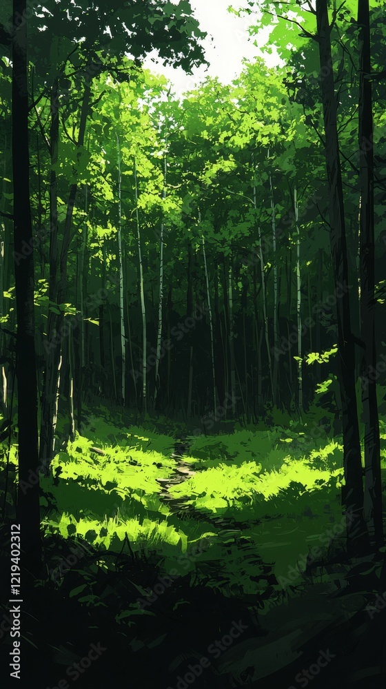 Obraz premium A serene forest scene with tall trees, vibrant green foliage, and a narrow path leading through a sunlit clearing.