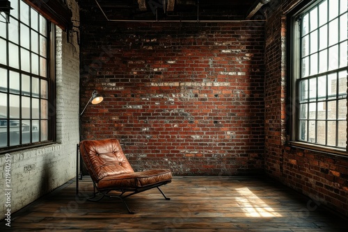 Industrial loft with brown leather chair and exposed brick walls in sunlit room