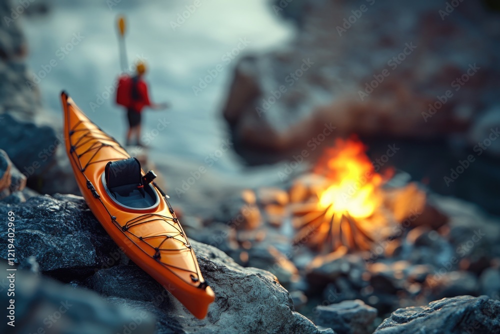 Obraz premium A kayak sitting on top of a rock next to a campfire, perfect for outdoor enthusiasts and nature lovers