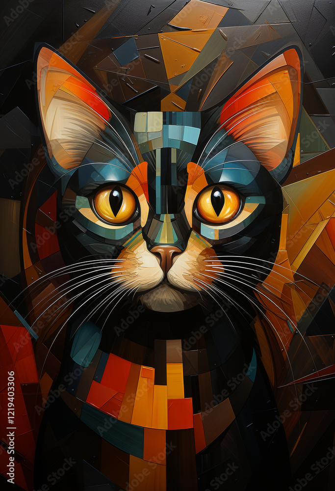 Obraz premium a portrait of a cat with big yellow eyes, made in a cubist style, against an abstract background consisting of many bright geometric shapes