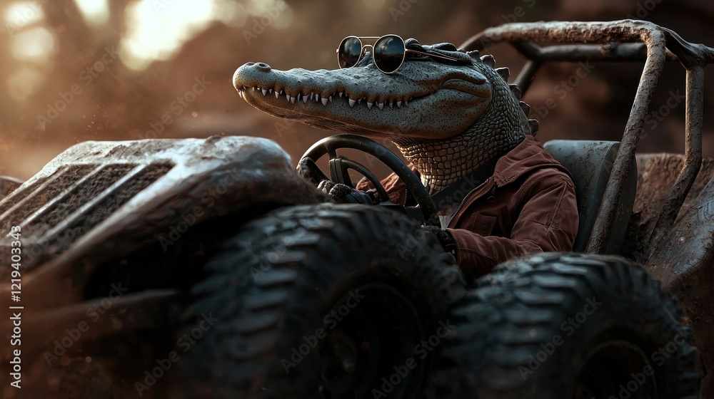 Croc drives dune buggy at sunset, desert background, fun ad Croc drives dune buggy at sunset, desert background, fun ad