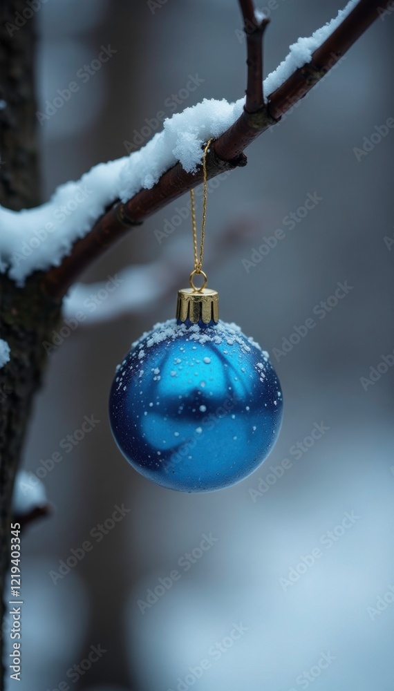 Blue Christmas ball nestled in a bare tree's crook, bare tree, simple, empty space Blue Christmas ball nestled in a bare tree's crook, bare tree, simple, empty space