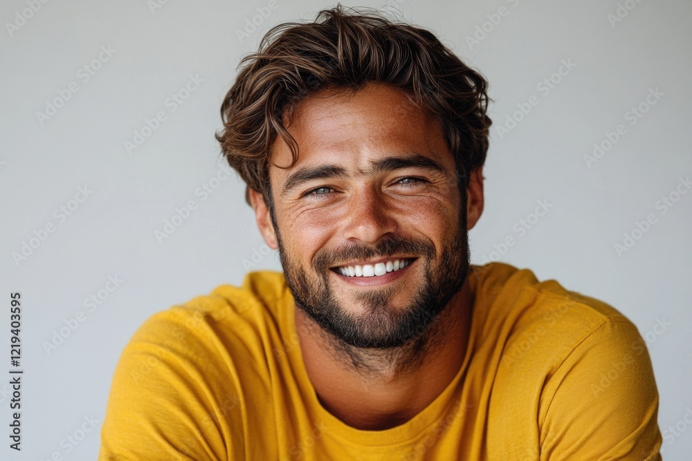 A cheerful man with a bright smile looks directly at the camera, wearing a sunny yellow shirt A cheerful man with a bright smile looks directly at the camera, wearing a sunny yellow shirt