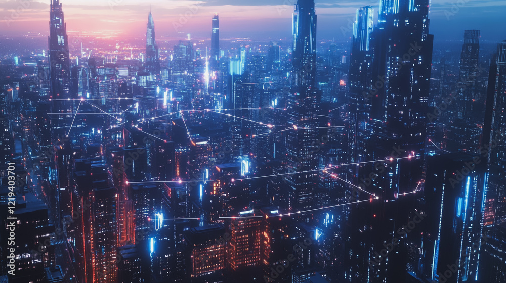 Fototapeta premium Smart digital Innovation city with connection network reciprocity over the twilight cityscape. of future smart wireless digital city and social media networking systems that connects people with city