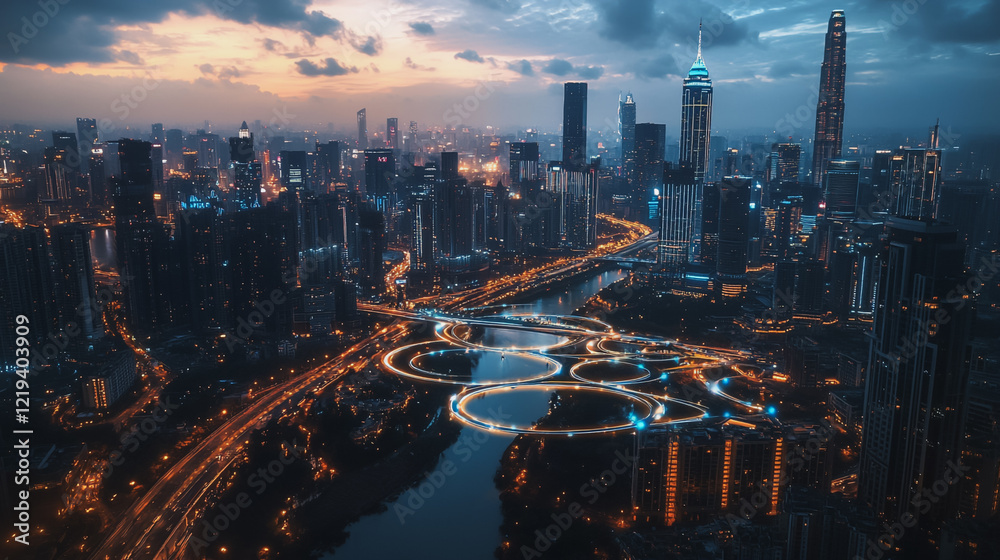 Fototapeta premium Smart digital Innovation city with connection network reciprocity over the twilight cityscape. of future smart wireless digital city and social media networking systems that connects people with city