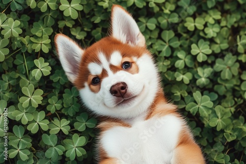 Cute puppy resting among vibrant green clovers, showcasing playf photo