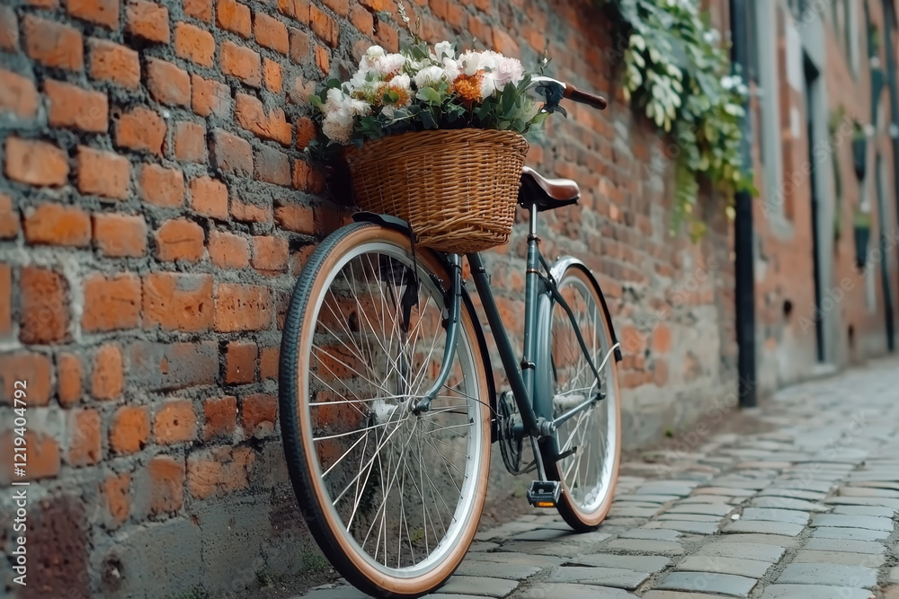 Old-fashioned bicycle with a flower-filled basket leaning against a brick wall in soft light. Old-fashioned bicycle with a flower-filled basket leaning against a brick wall in soft light.