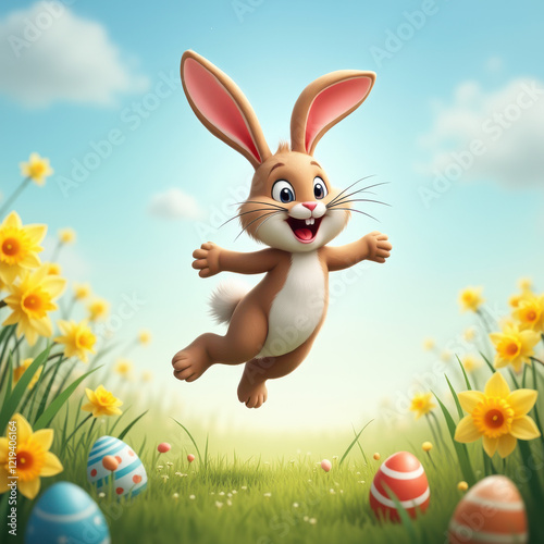 Fröhlicher Osterhase in einer Frühlingslandschaft, Cheerful Easter bunny in a spring landscape