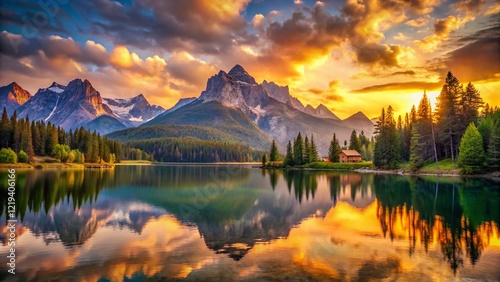 Serene Sunset: Majestic Mountains Reflecting in Tranquil Lake - Stock Photo